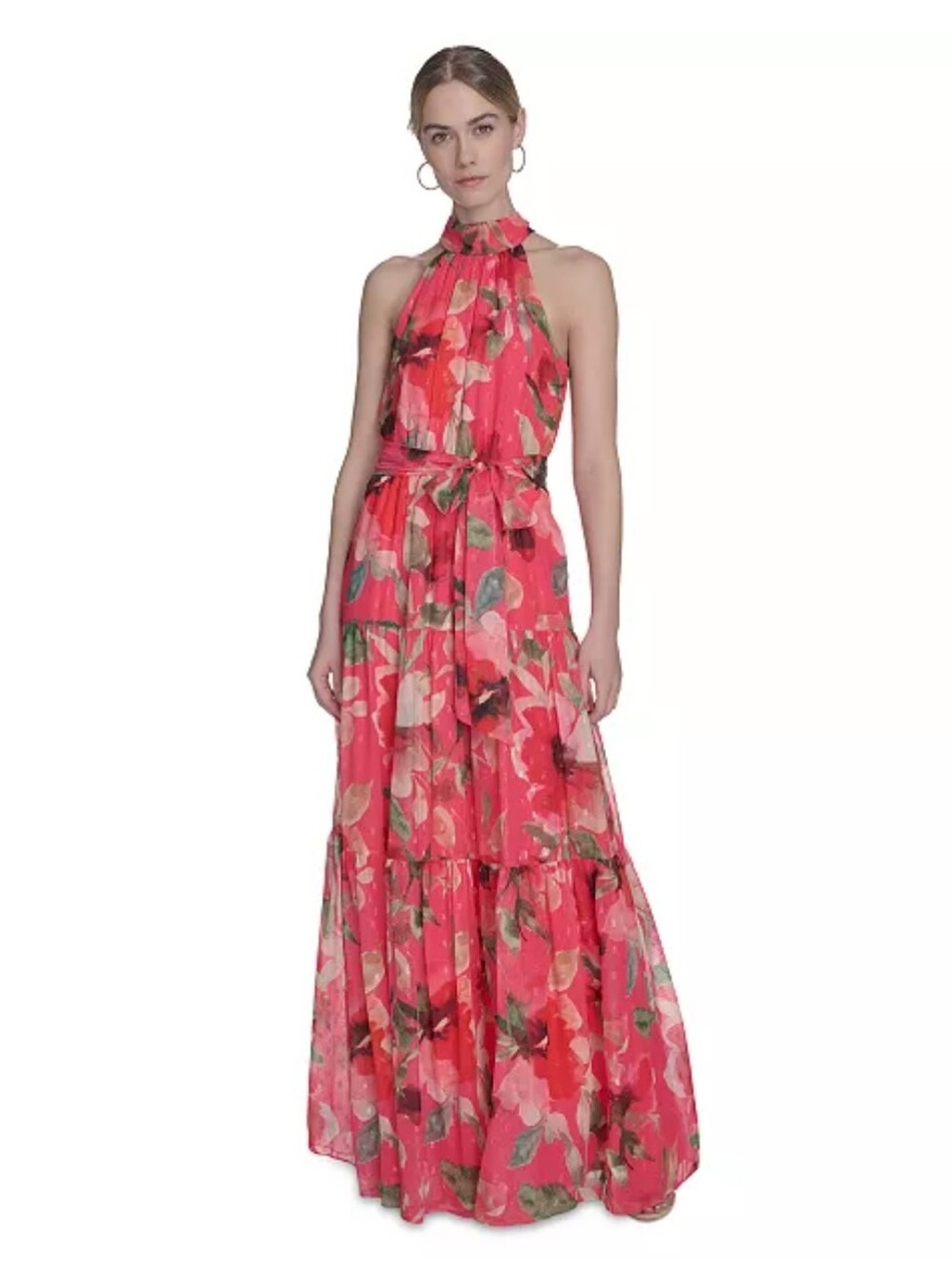 Eliza J NWT Size 12 Pink Floral Tiered Maxi Dress Metallic Wedding Guest No Belt